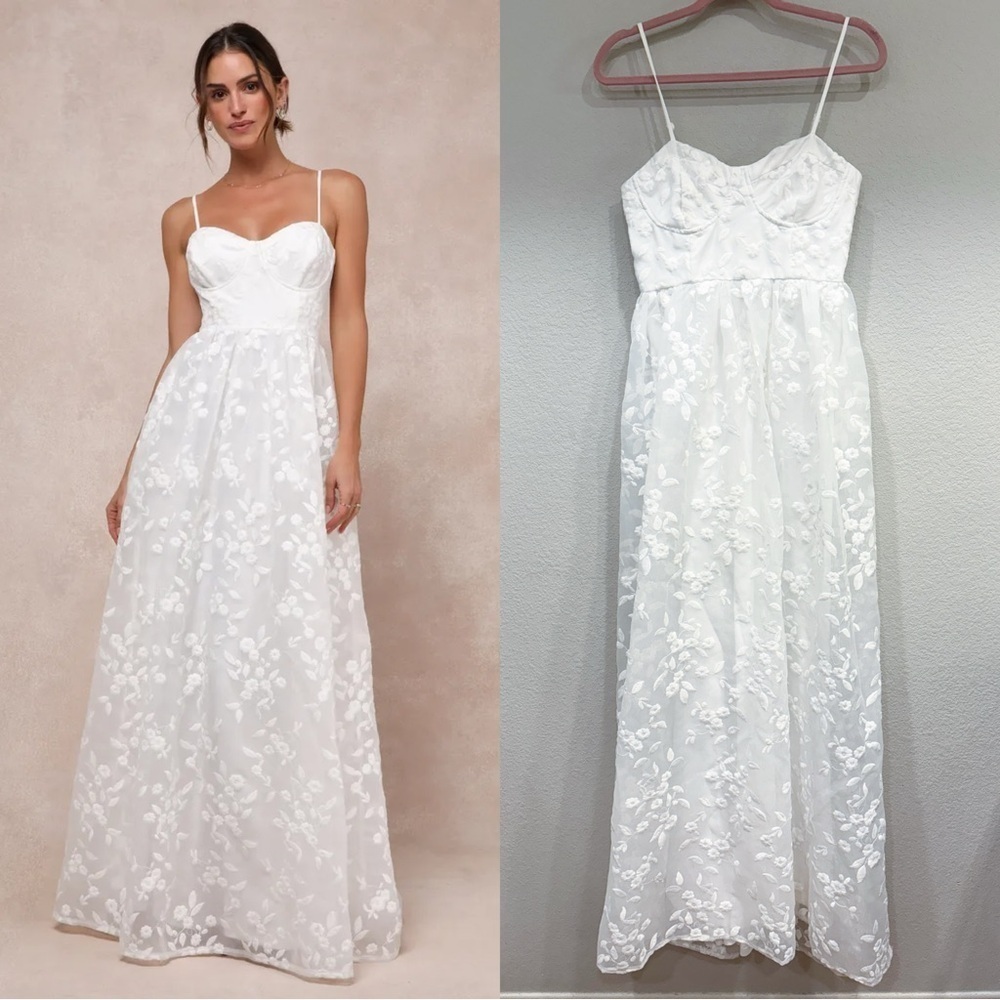 S - NWOT Lulus Ethereal Perfection White Organza Embroidered Bustier Maxi Dress